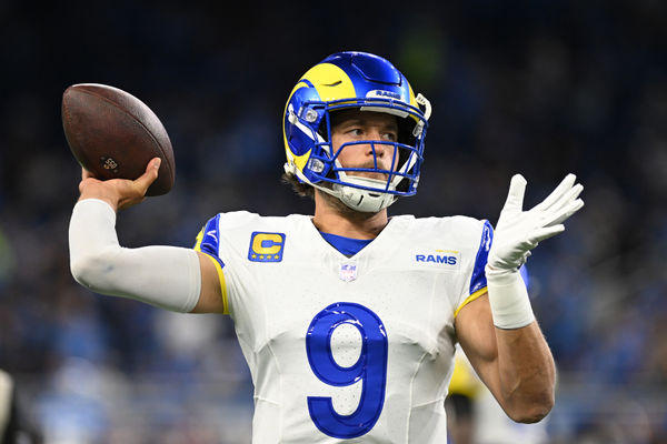 Sep 8, 2024; Detroit, Michigan, USA; Los Angeles Rams quarterback Matthew Stafford (9) throws passes during pregame warm ups before their game against the Detroit Lions at Ford Field. Mandatory Credit: Lon Horwedel-Imagn Images