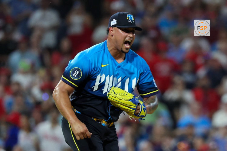 Jun 5, 2026; Philadelphia, Pennsylvania, USA; Philadelphia Phillies pitcher Jhoan Duran (59) reacts to a strike out to end the ninth inning for a victory against the Chicago White Sox at Citizens Bank Park. Credit: Bill Streicher-Imagn Images