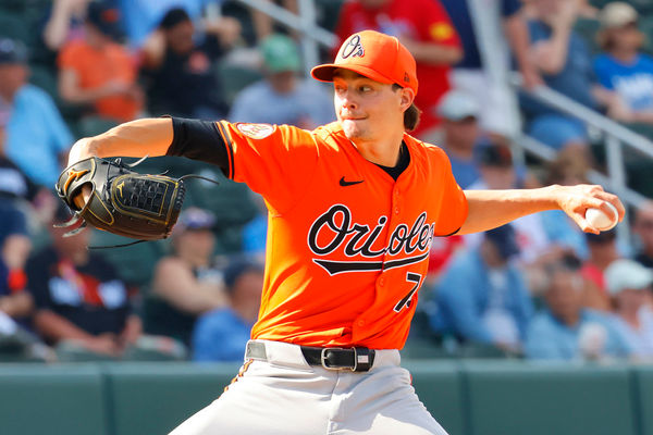 NORTH PORT, FL - MARCH 09: 76 Cade Povich (76) pitches during the Saturday afternoon Spring Training baseball game between the Atlanta Braves and the Baltimore Orioles on March 9, 2024 at CoolToday Park in North Port, Florida. (Photo by David J. Griffin/Icon Sportswire)