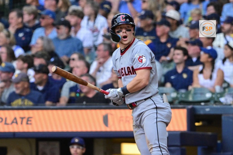 Jun 18, 2026; Milwaukee, Wisconsin, USA;  Cleveland Guardians second baseman Travis Bazzana (37) reacts after hitting a solo home run in the seventh inning against the Milwaukee Brewers at American Family Field. Credit: Benny Sieu-Imagn Images