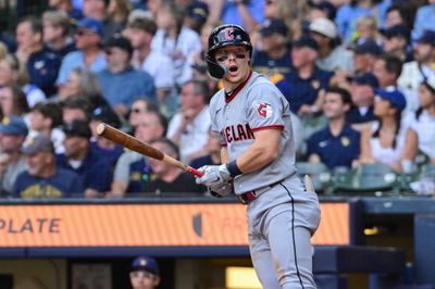 Jun 18, 2026; Milwaukee, Wisconsin, USA;  Cleveland Guardians second baseman Travis Bazzana (37) reacts after hitting a solo home run in the seventh inning against the Milwaukee Brewers at American Family Field. Mandatory Credit: Benny Sieu-Imagn Images