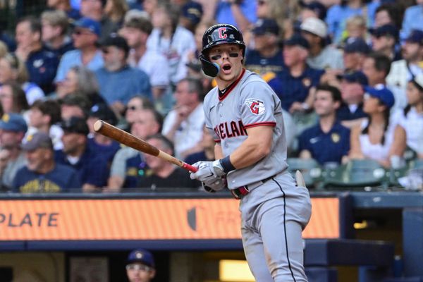 Jun 18, 2026; Milwaukee, Wisconsin, USA;  Cleveland Guardians second baseman Travis Bazzana (37) reacts after hitting a solo home run in the seventh inning against the Milwaukee Brewers at American Family Field. Mandatory Credit: Benny Sieu-Imagn Images