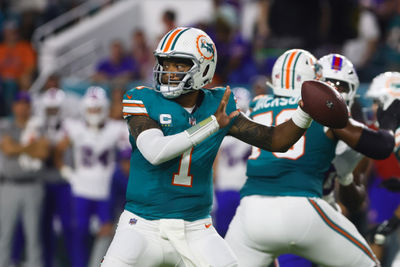 Sep 12, 2024; Miami Gardens, Florida, USA; Miami Dolphins quarterback Tua Tagovailoa (1) throws the football against the Buffalo Bills during the first quarter at Hard Rock Stadium. Mandatory Credit: Sam Navarro-Imagn Images