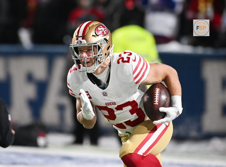 Dec 1, 2024; Orchard Park, New York, USA; San Francisco 49ers running back Christian McCaffrey (23) warms up before a game against the Buffalo Bills at Highmark Stadium. Credit: Mark Konezny-Imagn Images