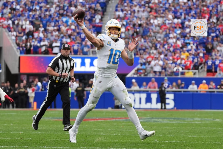 Sep 27, 2026; Orchard Park, New York, USA;  Los Angeles Chargers quarterback Justin Herbert (10) throws in the second half against the Buffalo Bills at New Highmark Stadium.  Credit: Gregory Fisher-Imagn Images