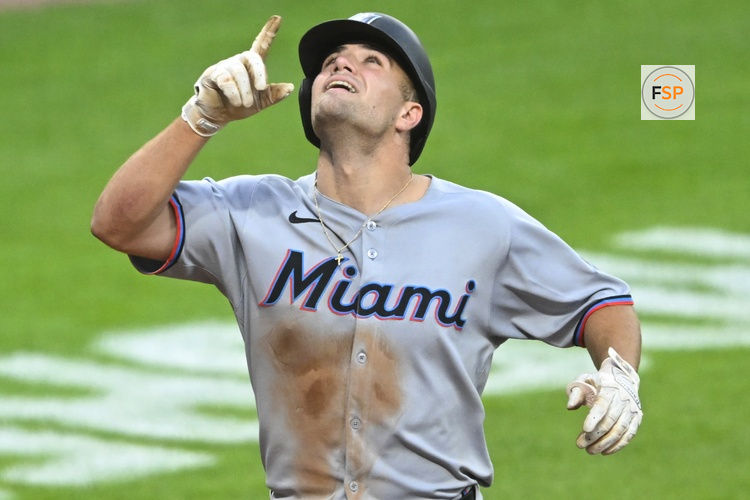 Aug 13, 2025; Cleveland, Ohio, USA; Miami Marlins center fielder Jakob Marsee (87) celebrates his two-run home run in the fifth inning against the Cleveland Guardians at Progressive Field. Credit: David Richard-Imagn Images