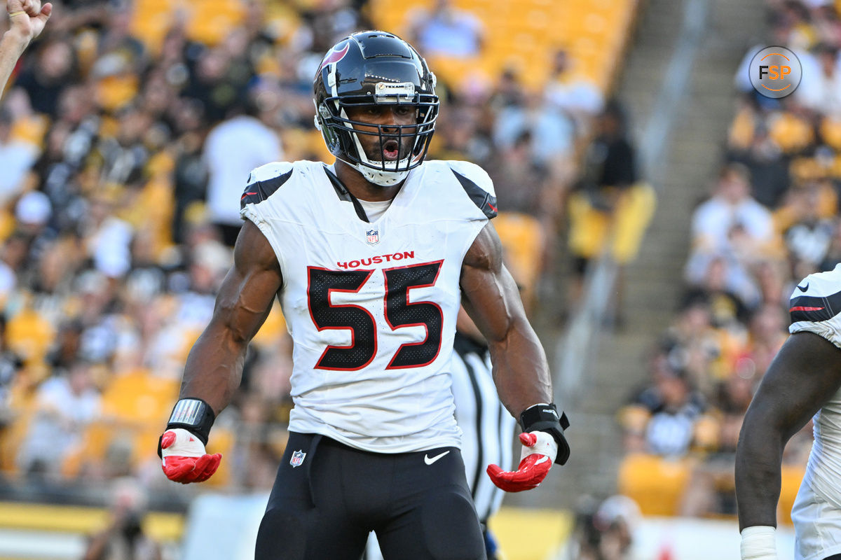 Aug 9, 2024; Pittsburgh, Pennsylvania, USA;  Houston Texans defensive end Danielle Hunter (55) celebrates after sacking Pittsburgh Steelers quarterback Justin Fields (2) during the first quarter at Acrisure Stadium. Credit: Barry Reeger-USA TODAY Sports