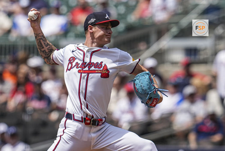 May 15, 2025; Cumberland, Georgia, USA; Atlanta Braves pitcher AJ Smith-Shawver (32) pitches against the Washington Nationals during the second inning at Truist Park. Credit: Dale Zanine-Imagn Images