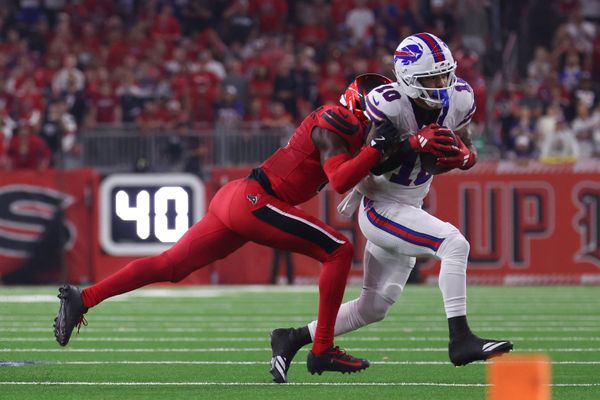 Nov 20, 2025; Houston, Texas, USA; Houston Texans cornerback Kamari Lassiter (4) pushes Buffalo Bills wide receiver Khalil Shakir (10) out of bounds in the second half at NRG Stadium. Mandatory Credit: Thomas Shea-Imagn Images
