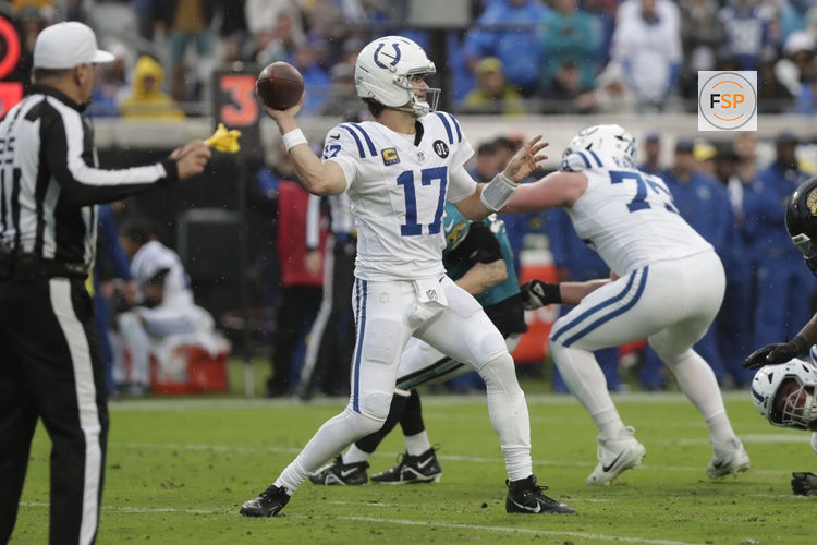 Dec 7, 2025; Jacksonville, Florida, USA; Indianapolis Colts quarterback Daniel Jones (17) throws from the pocket against the Jacksonville Jaguars during the first half at EverBank Stadium. Credit: Travis Register-Imagn Images