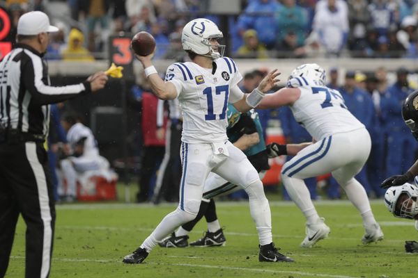 Dec 7, 2025; Jacksonville, Florida, USA; Indianapolis Colts quarterback Daniel Jones (17) throws from the pocket against the Jacksonville Jaguars during the first half at EverBank Stadium. Mandatory Credit: Travis Register-Imagn Images