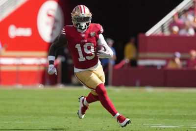 Oct 4, 2026; Santa Clara, California, USA;  San Francisco 49ers wide receiver Deebo Samuel Sr. (19) runs after the catch against the Denver Broncos during the first half at Levi's Stadium.  Mandatory Credit: Darren Yamashita-Imagn Images