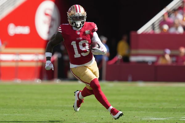 Oct 4, 2026; Santa Clara, California, USA;  San Francisco 49ers wide receiver Deebo Samuel Sr. (19) runs after the catch against the Denver Broncos during the first half at Levi's Stadium.  Mandatory Credit: Darren Yamashita-Imagn Images