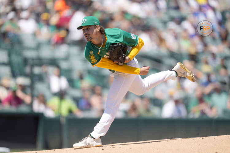 Apr 12, 2025; West Sacramento, California, USA; Athletics pitcher J.T. Ginn (70) follows through on a pitch against the New York Mets in the first inning at Sutter Health Park. Credit: Cary Edmondson-Imagn Images