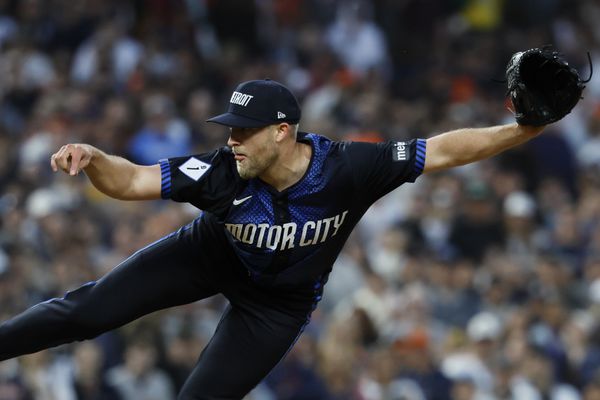 May 9, 2025; Detroit, Michigan, USA;  Detroit Tigers relief pitcher Will Vest (19) pitches in the ninth inning against the Texas Rangers at Comerica Park. Mandatory Credit: Rick Osentoski-Imagn Images