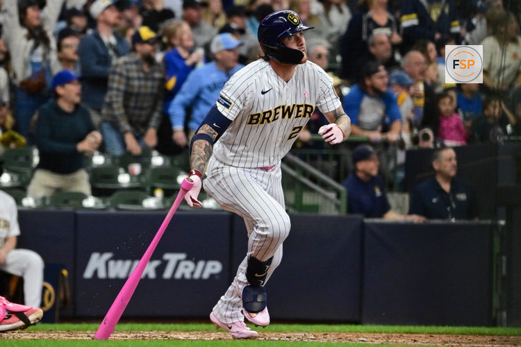 May 10, 2026; Milwaukee, Wisconsin, USA; Milwaukee Brewers second baseman Brice Turang (2) hits a game winning home run in the ninth inning against the New York Yankees at American Family Field. Credit: Benny Sieu-Imagn Images
