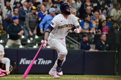 May 10, 2026; Milwaukee, Wisconsin, USA; Milwaukee Brewers second baseman Brice Turang (2) hits a game winning home run in the ninth inning against the New York Yankees at American Family Field. Mandatory Credit: Benny Sieu-Imagn Images