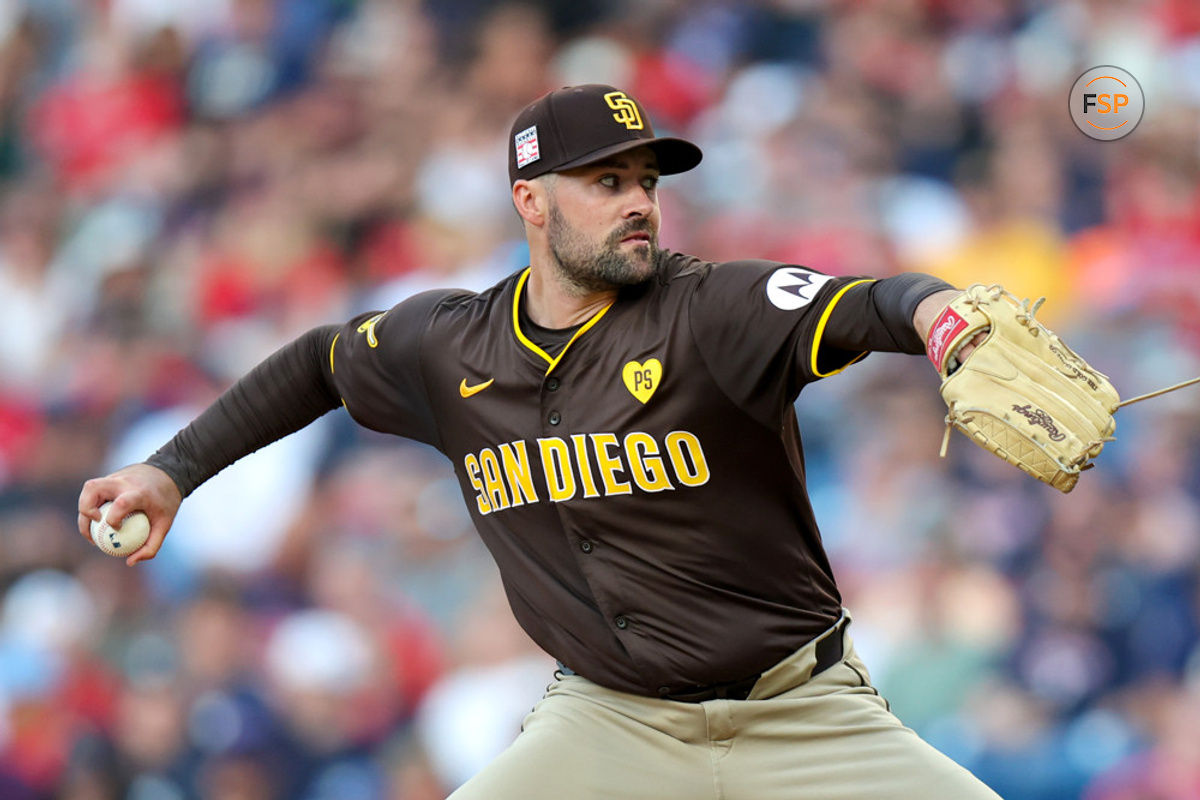 CLEVELAND, OH - JULY 19: San Diego Padres starting pitcher Matt Waldron (61) delivers a pitch to the plate during the third inning of the Major League Baseball Interleague game between the San Diego Padres and Cleveland Guardians on July 19, 2024, at Progressive Field in Cleveland, OH. (Photo by Frank Jansky/Icon Sportswire)