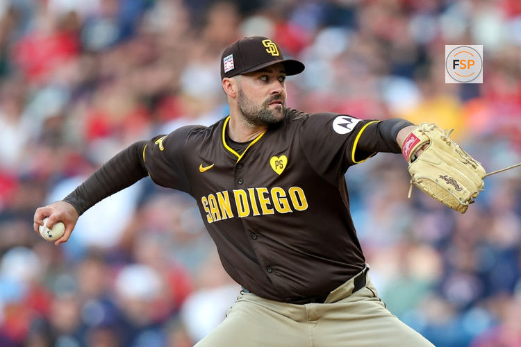 CLEVELAND, OH - JULY 19: San Diego Padres starting pitcher Matt Waldron (61) delivers a pitch to the plate during the third inning of the Major League Baseball Interleague game between the San Diego Padres and Cleveland Guardians on July 19, 2024, at Progressive Field in Cleveland, OH. (Photo by Frank Jansky/Icon Sportswire)