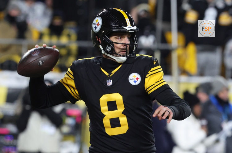 Dec 15, 2025; Pittsburgh, Pennsylvania, USA; Pittsburgh Steelers quarterback Aaron Rodgers (8) looks to throw in the second quarter against the Miami Dolphins at Acrisure Stadium. Credit: Charles LeClaire-Imagn Images