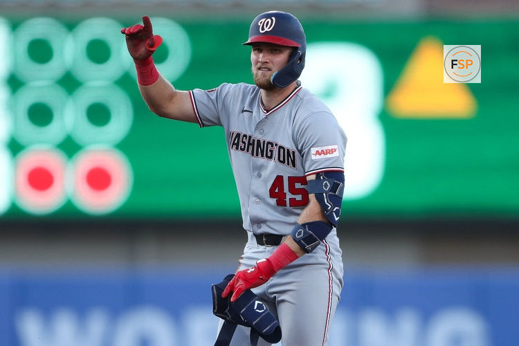 Jul 17, 2026; West Sacramento, California, USA; Washington Nationals third baseman Curtis Mead (45) acknowledges the dugout after hitting a two RBI double during the third inning against the Athletics at Sutter Health Park. Credit: Scott Marshall-Imagn Images