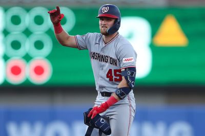 Jul 17, 2026; West Sacramento, California, USA; Washington Nationals third baseman Curtis Mead (45) acknowledges the dugout after hitting a two RBI double during the third inning against the Athletics at Sutter Health Park. Mandatory Credit: Scott Marshall-Imagn Images
