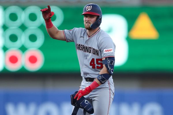 Jul 17, 2026; West Sacramento, California, USA; Washington Nationals third baseman Curtis Mead (45) acknowledges the dugout after hitting a two RBI double during the third inning against the Athletics at Sutter Health Park. Mandatory Credit: Scott Marshall-Imagn Images
