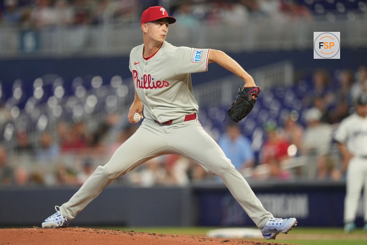 Jun 16, 2025; Miami, Florida, USA;  Philadelphia Phillies pitcher Mick Abel (40) pitches against the Miami Marlins in the first inning at loanDepot Park. Credit: Jim Rassol-Imagn Images