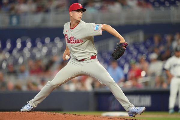Jun 16, 2025; Miami, Florida, USA;  Philadelphia Phillies pitcher Mick Abel (40) pitches against the Miami Marlins in the first inning at loanDepot Park. Mandatory Credit: Jim Rassol-Imagn Images