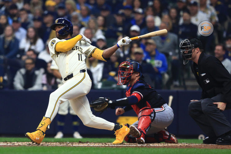 MILWAUKEE, WI - APRIL 02: Milwaukee Brewers right fielder Jackson Chourio (11) hits during a game between the Milwaukee Brewers and the Minnesota Twins on April 2, 2024 at American Family Field in Milwaukee, WI. (Photo by Larry Radloff/Icon Sportswire)