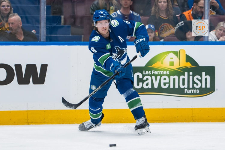 Apr 12, 2025; Vancouver, British Columbia, CAN; Vancouver Canucks forward Brock Boeser (6) makes a pass against the Minnesota Wild in the second period at Rogers Arena. Credit: Bob Frid-Imagn Images