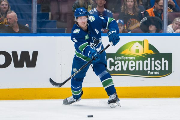 Apr 12, 2025; Vancouver, British Columbia, CAN; Vancouver Canucks forward Brock Boeser (6) makes a pass against the Minnesota Wild in the second period at Rogers Arena. Mandatory Credit: Bob Frid-Imagn Images