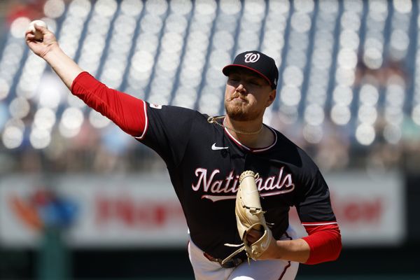 Apr 23, 2026; Washington, District of Columbia, USA; Washington Nationals pitcher Cade Cavalli (24) pitches against the Atlanta Braves during the sixth inning at Nationals Park. Mandatory Credit: Geoff Burke-Imagn Images