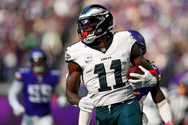 Oct 19, 2025; Minneapolis, Minnesota, USA; Philadelphia Eagles wide receiver A.J. Brown (11) makes a catch during the first half against the Minnesota Vikings at U.S. Bank Stadium. Mandatory Credit: Jeffrey Becker-Imagn Images