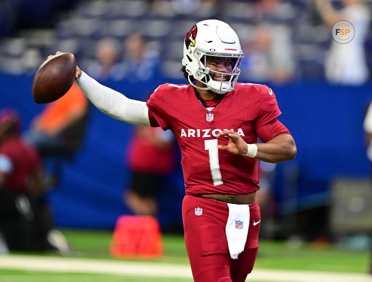 Aug 17, 2024; Indianapolis, Indiana, USA; Arizona Cardinals quarterback Kyler Murray (1) throws a pass to warm up before the game against the Indianapolis Colts at Lucas Oil Stadium. Credit: Marc Lebryk-USA TODAY Sports