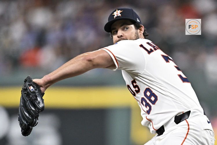 May 5, 2026; Houston, Texas, USA; Houston Astros pitcher Peter Lambert (38) delivers a pitch in the first inning against the Los Angeles Dodgers at Daikin Park. Credit: Maria Lysaker-Imagn Images 
