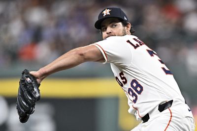 May 5, 2026; Houston, Texas, USA; Houston Astros pitcher Peter Lambert (38) delivers a pitch in the first inning against the Los Angeles Dodgers at Daikin Park. Mandatory Credit: Maria Lysaker-Imagn Images 