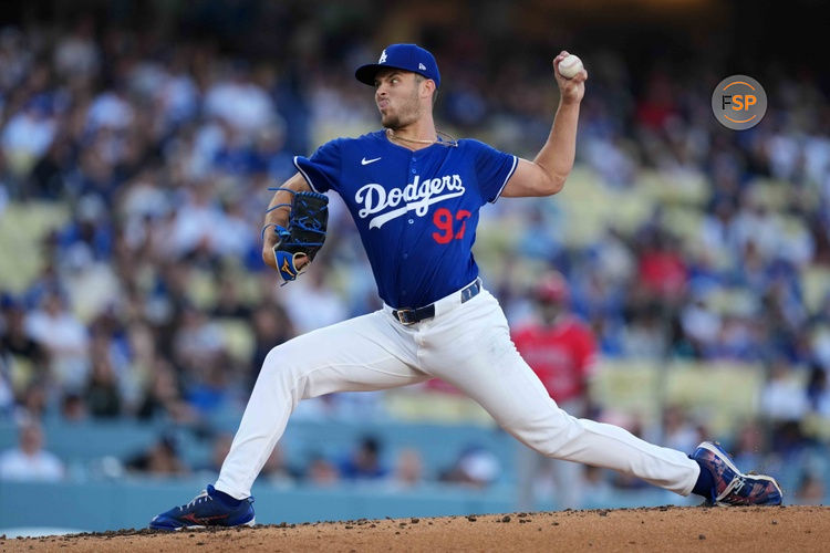 Mar 23, 2025; Los Angeles, California, USA; Los Angeles Dodgers pitcher Jackson Ferris (93) throws in the first inning against the Los Angeles Angels at Dodger Stadium. Credit: Kirby Lee-Imagn Images