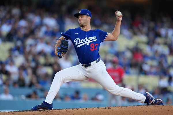 Mar 23, 2025; Los Angeles, California, USA; Los Angeles Dodgers pitcher Jackson Ferris (93) throws in the first inning against the Los Angeles Angels at Dodger Stadium. Mandatory Credit: Kirby Lee-Imagn Images