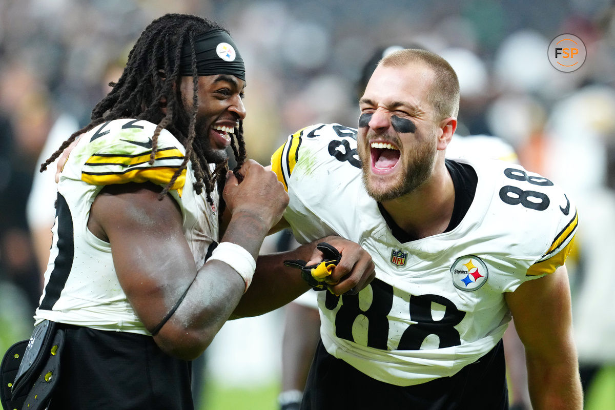 Oct 13, 2024; Paradise, Nevada, USA; Pittsburgh Steelers running back Najee Harris (22) and Pittsburgh Steelers tight end Pat Freiermuth (88) celebrate after the Steelers defeated the Las Vegas Raiders 32-13 at Allegiant Stadium. Credit: Stephen R. Sylvanie-Imagn Images