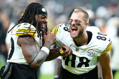 Oct 13, 2024; Paradise, Nevada, USA; Pittsburgh Steelers running back Najee Harris (22) and Pittsburgh Steelers tight end Pat Freiermuth (88) celebrate after the Steelers defeated the Las Vegas Raiders 32-13 at Allegiant Stadium. Mandatory Credit: Stephen R. Sylvanie-Imagn Images