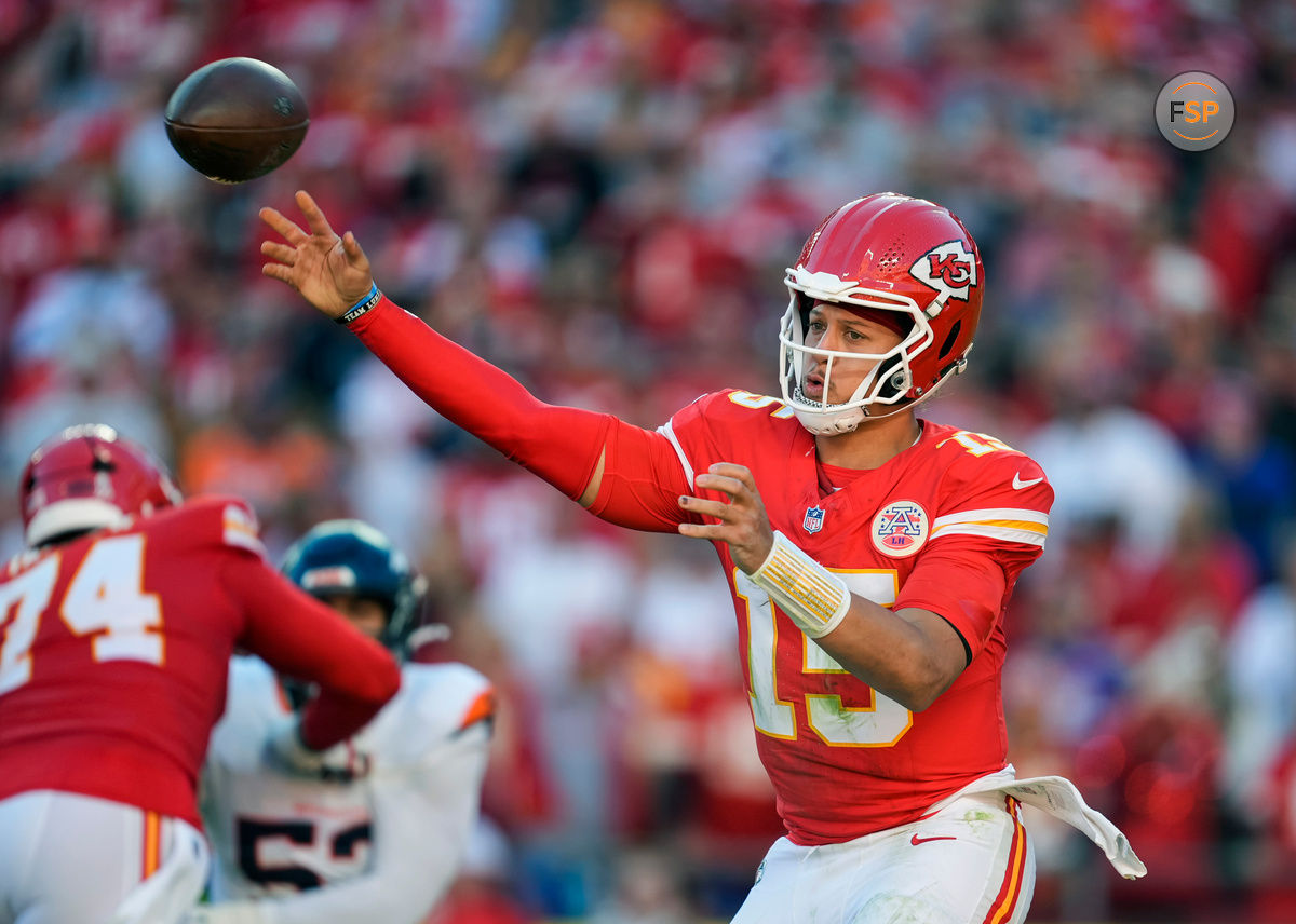 Nov 10, 2024; Kansas City, Missouri, USA; Kansas City Chiefs quarterback Patrick Mahomes (15) throws a pass during the second half against the Denver Broncos at GEHA Field at Arrowhead Stadium. Credit: Jay Biggerstaff-Imagn Images