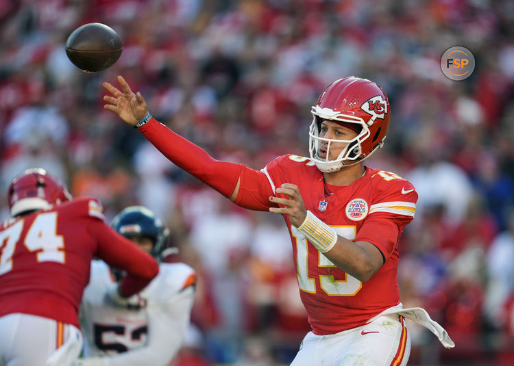 Nov 10, 2024; Kansas City, Missouri, USA; Kansas City Chiefs quarterback Patrick Mahomes (15) throws a pass during the second half against the Denver Broncos at GEHA Field at Arrowhead Stadium. Credit: Jay Biggerstaff-Imagn Images