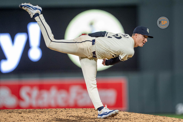 Sep 26, 2024; Minneapolis, Minnesota, USA; Minnesota Twins pitcher Griffin Jax (22) pitches in the seventh inning against the Miami Marlins at Target Field. Credit: Matt Blewett-Imagn Images