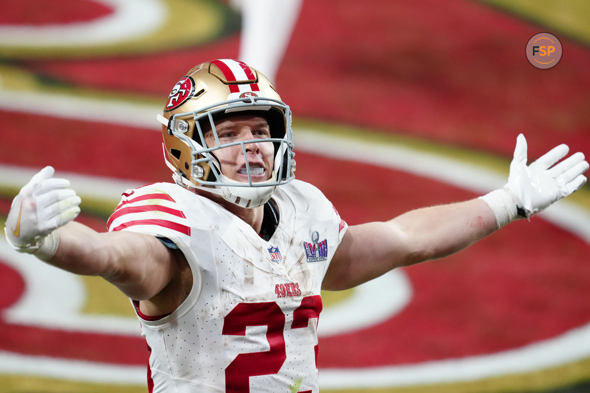 Feb 11, 2024; Paradise, Nevada, USA; San Francisco 49ers running back Christian McCaffrey (23) celebrates after scoring a touchdown against the Kansas City Chiefs in the first half in Super Bowl LVIII at Allegiant Stadium. Credit: Stephen R. Sylvanie-USA TODAY Sports