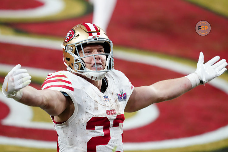 Feb 11, 2024; Paradise, Nevada, USA; San Francisco 49ers running back Christian McCaffrey (23) celebrates after scoring a touchdown against the Kansas City Chiefs in the first half in Super Bowl LVIII at Allegiant Stadium. Credit: Stephen R. Sylvanie-USA TODAY Sports