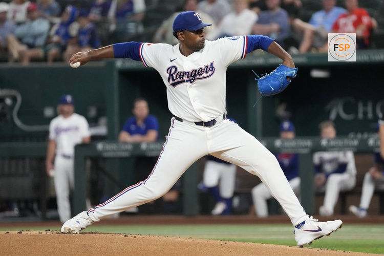 Jul 21, 2026; Arlington, Texas, USA; Texas Rangers pitcher Kumar Rocker (80) delivers a pitch to the Chicago White Sox during the first inning at Globe Life Field. Credit: Jim Cowsert-Imagn Images
