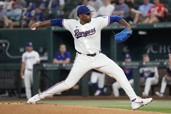 Jul 21, 2026; Arlington, Texas, USA; Texas Rangers pitcher Kumar Rocker (80) delivers a pitch to the Chicago White Sox during the first inning at Globe Life Field. Mandatory Credit: Jim Cowsert-Imagn Images