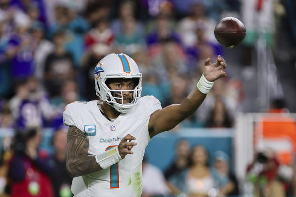 Jan 7, 2024; Miami Gardens, Florida, USA; Miami Dolphins quarterback Tua Tagovailoa (1) throws the football against the Buffalo Bills during the third quarter at Hard Rock Stadium. Mandatory Credit: Sam Navarro-USA TODAY Sports