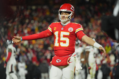 Jan 18, 2025; Kansas City, Missouri, USA; Kansas City Chiefs quarterback Patrick Mahomes (15) reacts during the fourth quarter of a 2025 AFC divisional round game against the Houston Texans at GEHA Field at Arrowhead Stadium. Mandatory Credit: Jay Biggerstaff-Imagn Images